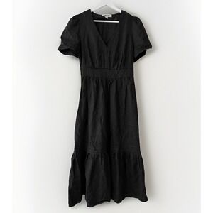 BODEN Eve Black Tiered‎ Midi Dress 100% Linen Puff Sleeve US 8R EUC Sold Out